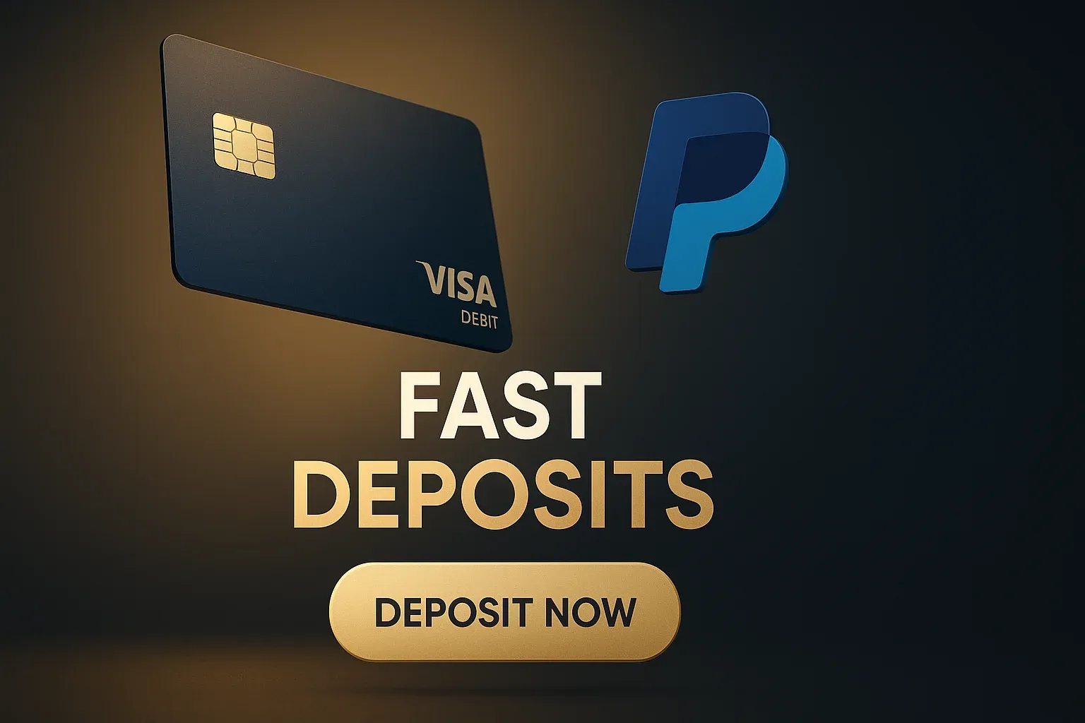 Photorealistic sports betting banner with fast deposits text and premium fintech styling