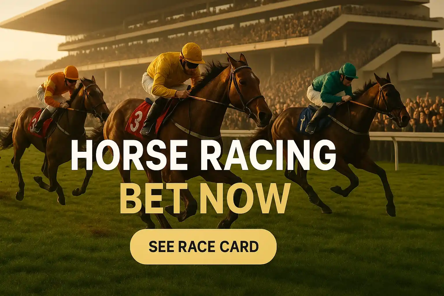 Three thoroughbreds galloping at Cheltenham with betting banner text overlay