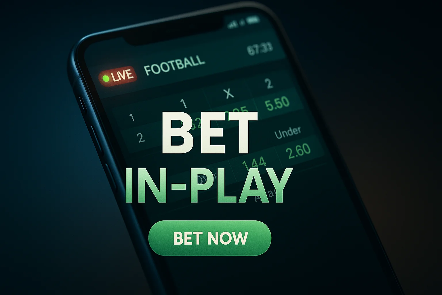 Smartphone showing live in-play football betting odds and bet now banner