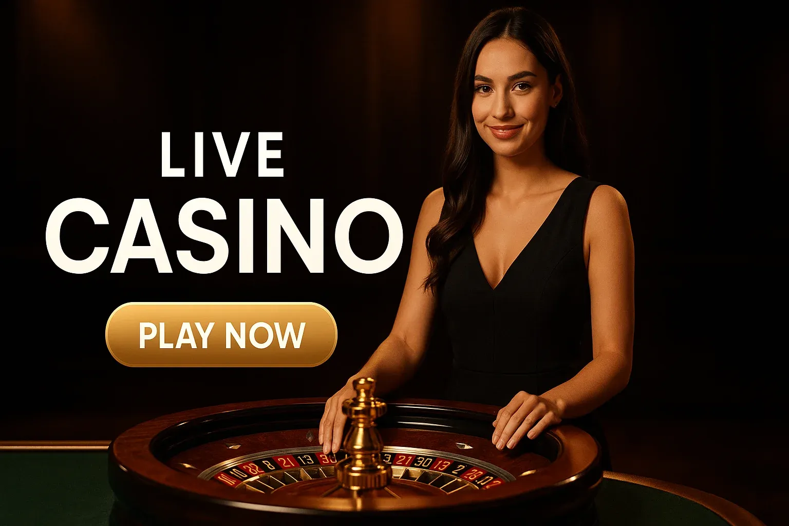 Female croupier with roulette wheel on luxury live casino banner