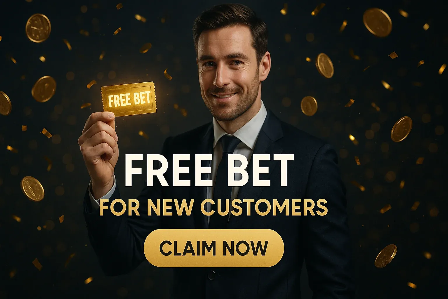 Sports betting banner with British man, free bet slip and gold coins