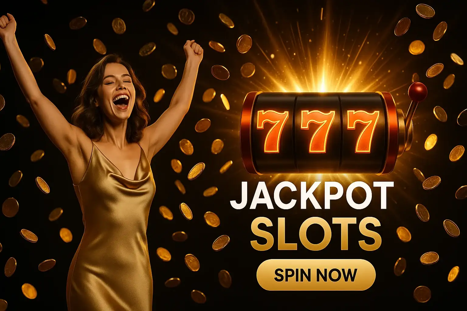 British woman celebrating jackpot with slot machine and raining gold coins