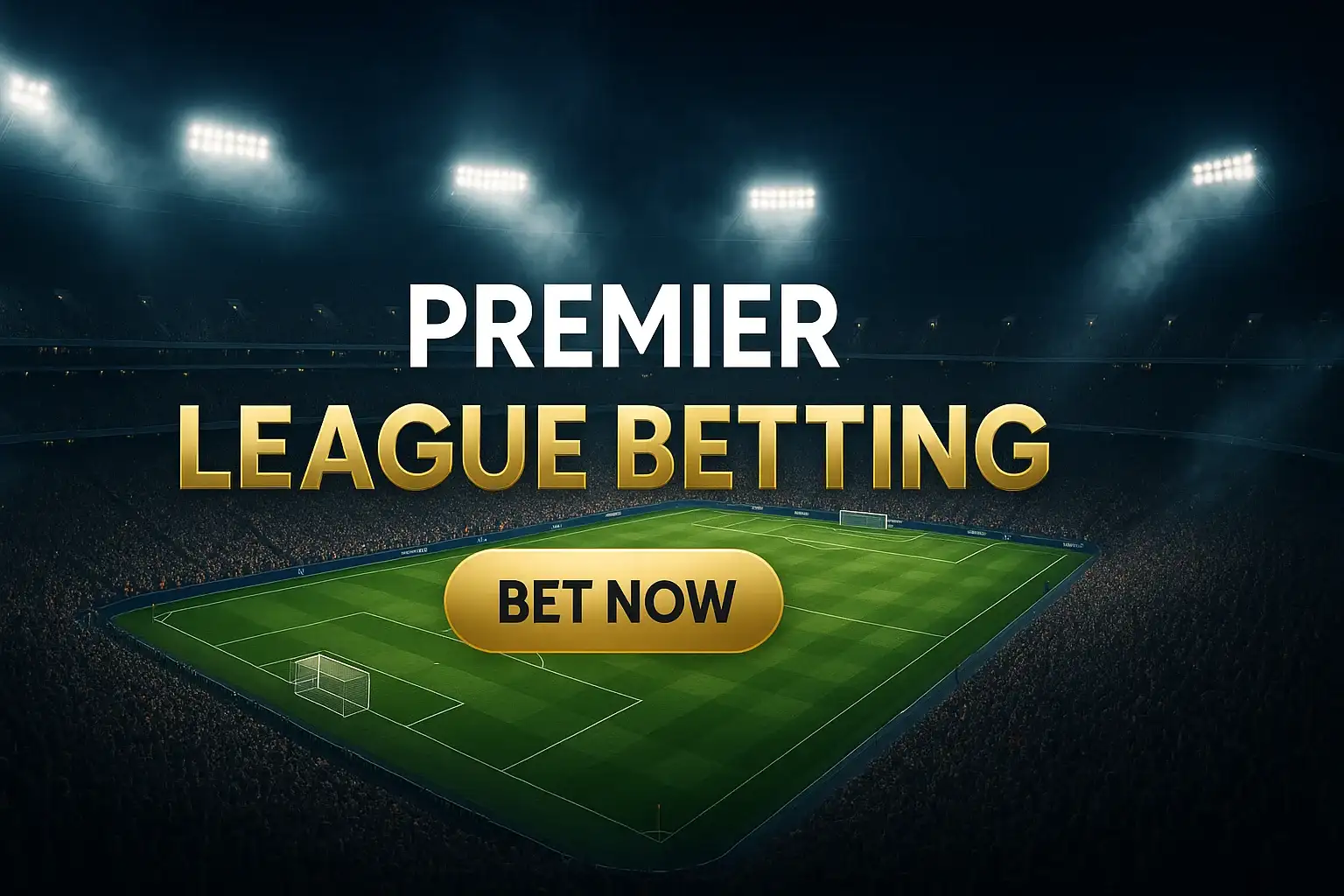 Aerial night stadium banner with Premier League betting text and gold button